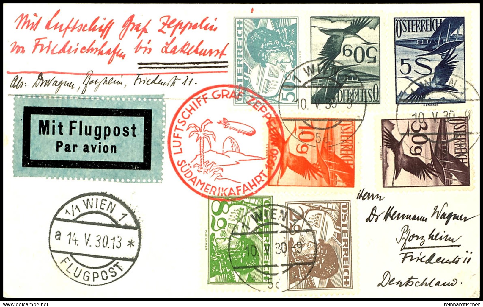 7281 Österreich: 1930, Südamerikafahrt, Auflieferung Friedrichshafen Bis Lakehurst, Karte Aus WIEN 10.V. Mit Bunter Flug - Sonstige & Ohne Zuordnung