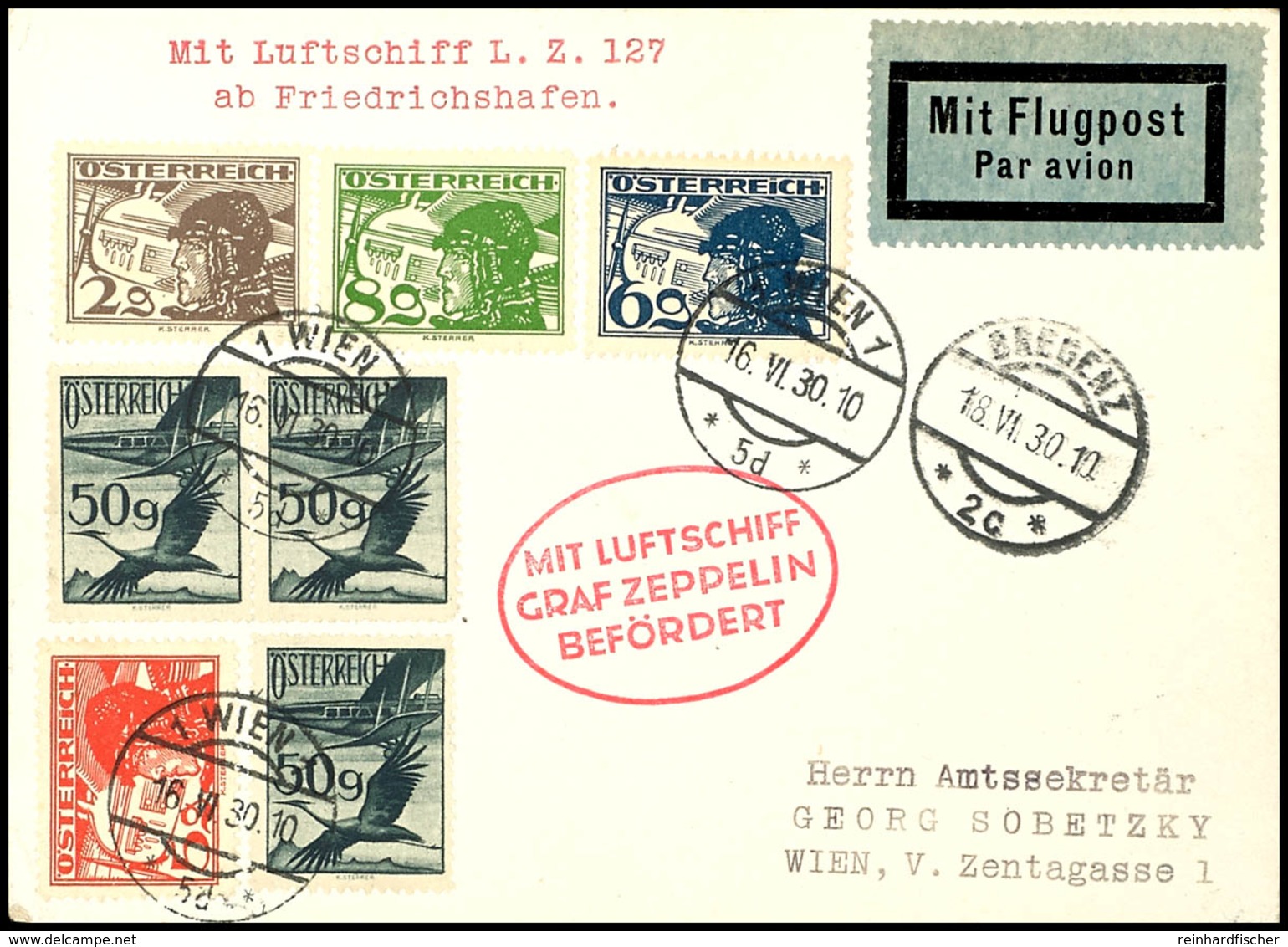 7286 Österreich: 1930, Vorarlbergfahrt, Auflieferung Friedrichshafen, Karte Aus WIEN 16.VI. Mit Bunter Flugpostfrankatur - Andere & Zonder Classificatie