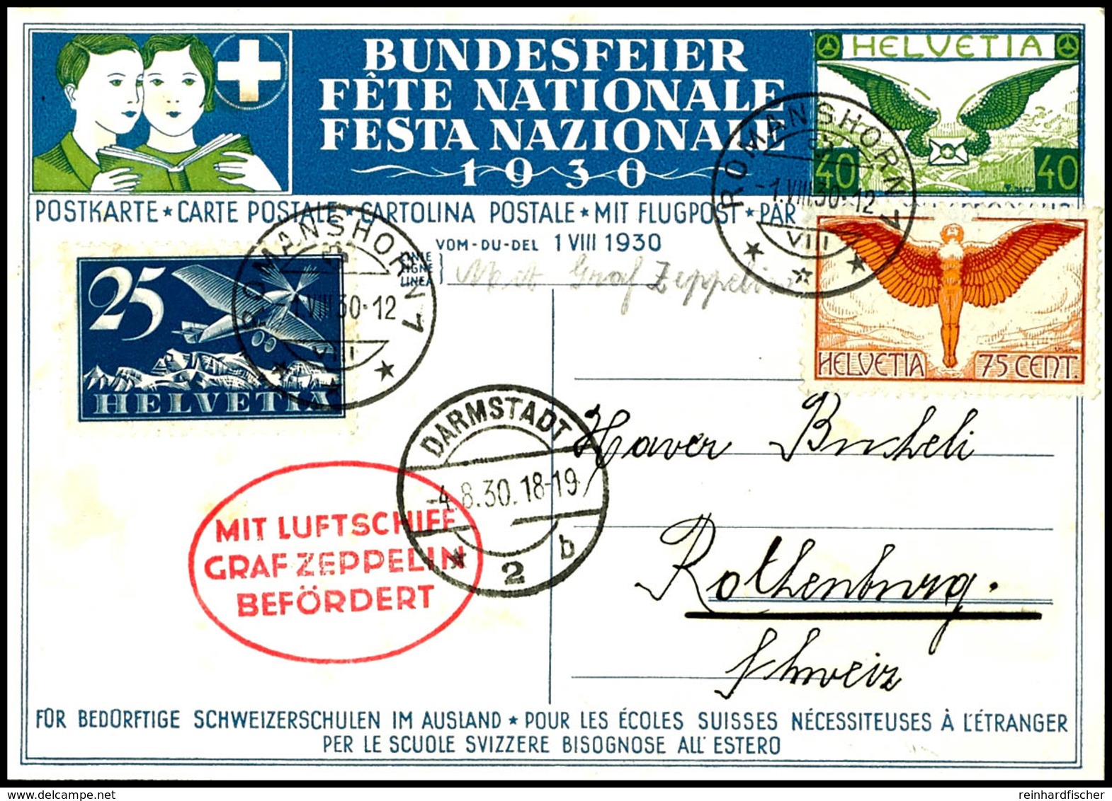 7287 Schweiz: 1930, Landungsfahrt Nach Darmstadt, 40 C. Flugpost-Sonderganzsachenkarte Mit Flugpost-Zufrankatur Aus ROMA - Sonstige & Ohne Zuordnung