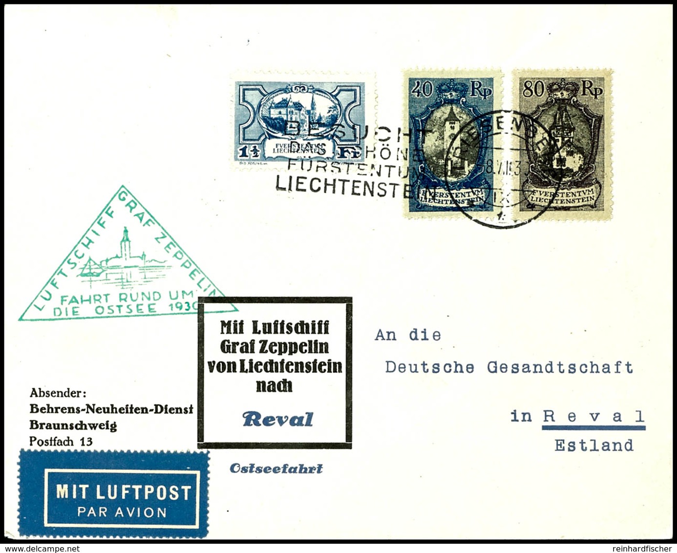 7291 Liechtenstein: 1930, Ostseefahrt, Abwurf Tallin, Vordruckbrief Aus TRIESENBERG 8.VIII. Mit Guter Frankatur (u.a. Mi - Sonstige & Ohne Zuordnung