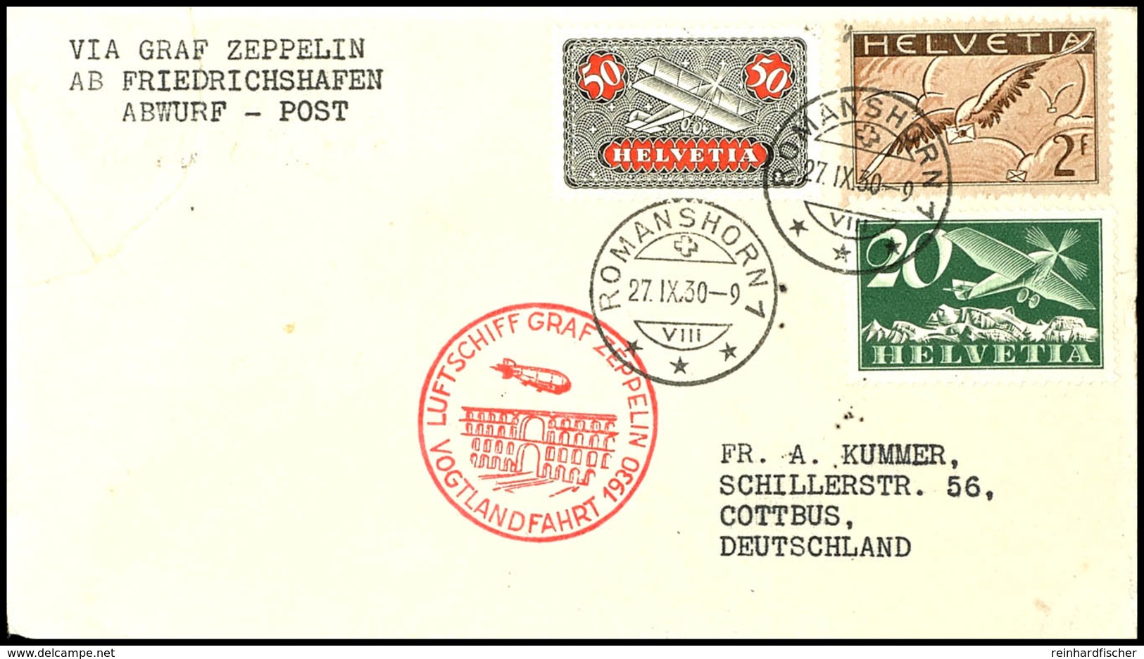 7293 Schweiz: 1930, Vogtlandfahrt, Brief Aus ROMANSHORN 27.IX. Mit Guter Flugpostfrankatur Und Ankunftsstempel Von Reich - Andere & Zonder Classificatie