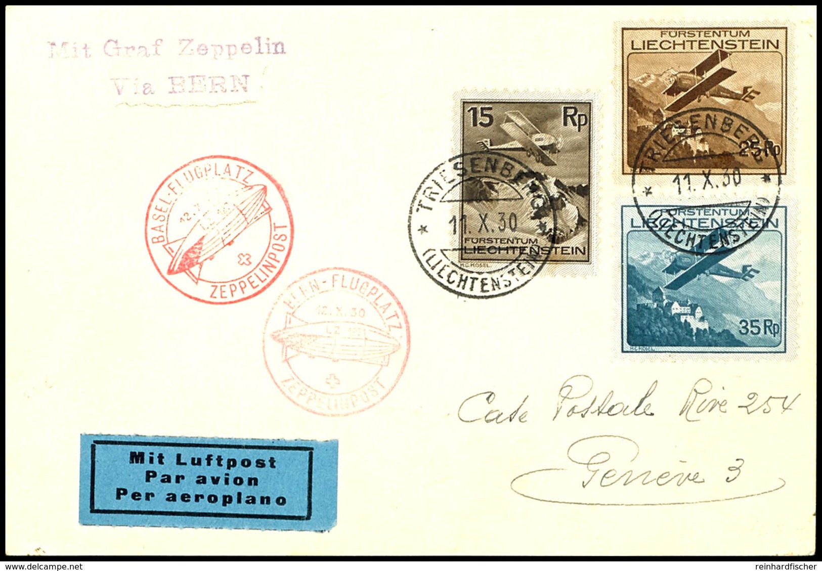 7294 Liechtenstein: 1930, Landungsfahrt Nach Bern Und Basel, Karte Aus TRIESENBERG 11.X. Mit Flugpostmarken Und Postsond - Sonstige & Ohne Zuordnung
