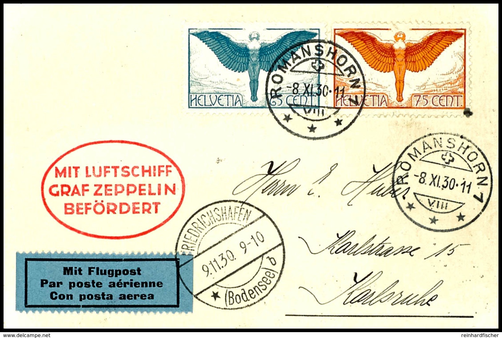 7295 Schweiz: 1930, Landungsfahrt Nach Karlsruhe, Auflieferung Friedrichshafen, Karte Aus ROMANSHORN 8.XI. Mit Guter Flu - Sonstige & Ohne Zuordnung