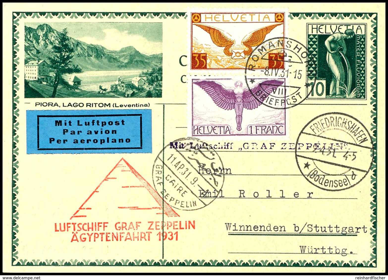 7296 Schweiz: 1931, Landungsfahrt Nach Ägypten, Auflieferung Friedrichshafen Bis Cairo, 10 C. Ganzsachenkarte Mit Guter  - Sonstige & Ohne Zuordnung