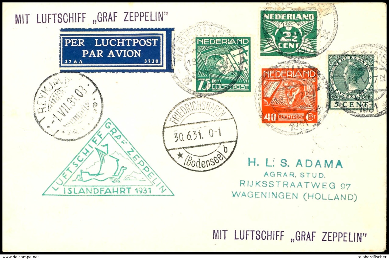7303 Niederlande: 1931, Islandfahrt, Auflieferung Friedrichshafen, Brief Aus WAGENINGEN 18.V. Mit U.a. Zwei Flugpostmark - Autres & Non Classés