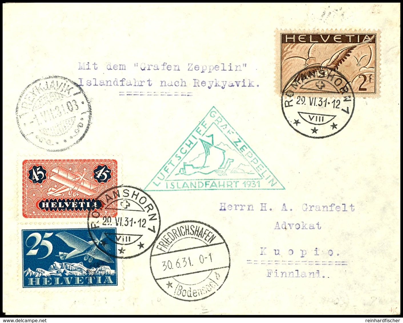 7304 Schweiz: 1931, Islandfahrt, Auflieferung Friedrichshafen, Brief Aus ROMANSHORN 29.VI. Mit Guter Flugpostfrankatur V - Sonstige & Ohne Zuordnung