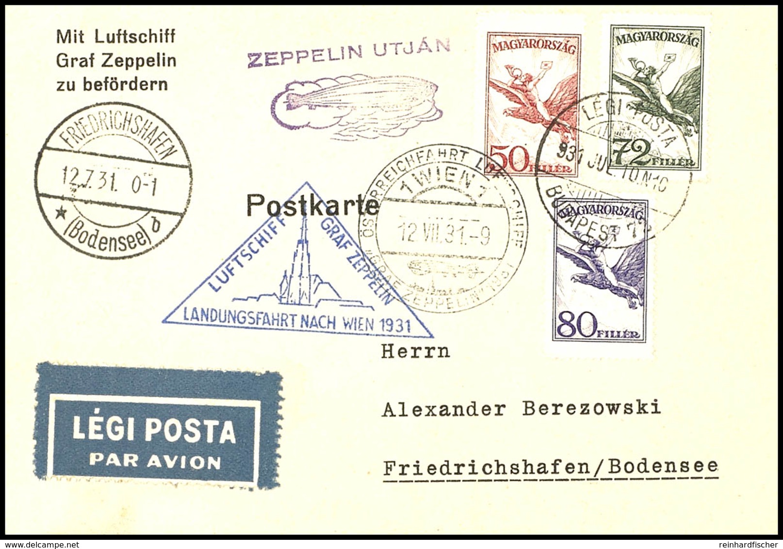 7306 Ungarn: 1931, Österreichfahrt, Auflieferung Friedrichshafen Bis Wien, Karte Aus BUDAPEST 10.JUL. Mit Flugpostfranka - Sonstige & Ohne Zuordnung