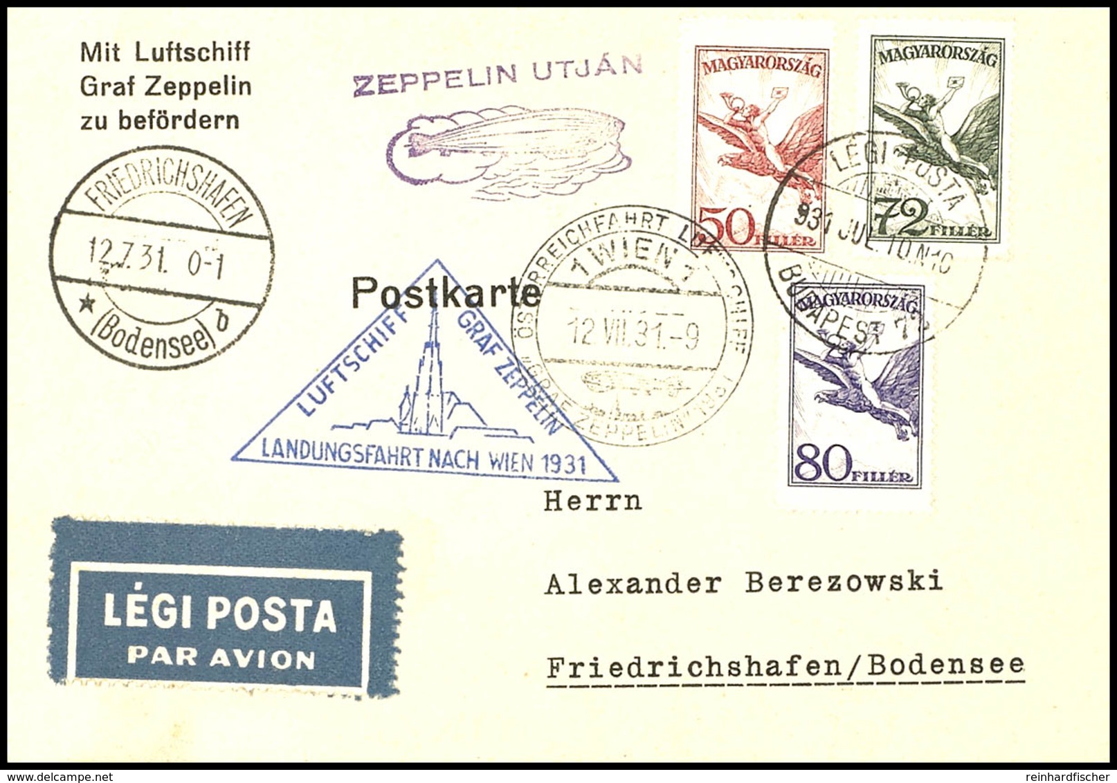 7306 Ungarn: 1931, Österreichfahrt, Auflieferung Friedrichshafen Bis Wien, Karte Aus BUDAPEST 10.JUL. Mit Flugpostfranka - Other & Unclassified