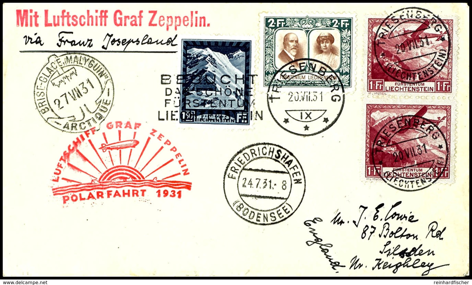 7309 Liechtenstein: 1931, Polarfahrt, Auflieferung Friedrichshafen Bis D. Malygin, Brief Aus TRIESENBERG 20.VII. Mit Hoc - Other & Unclassified