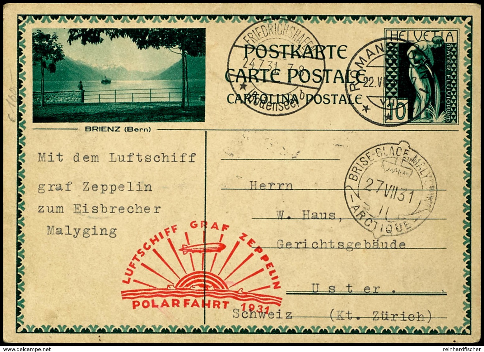 7311 Schweiz: 1931, Polarfahrt, Auflieferung Friedrichshafen Bis D. Malygin, 10 C. Bildganzsachenkarte Mit Rückseitig Gu - Other & Unclassified