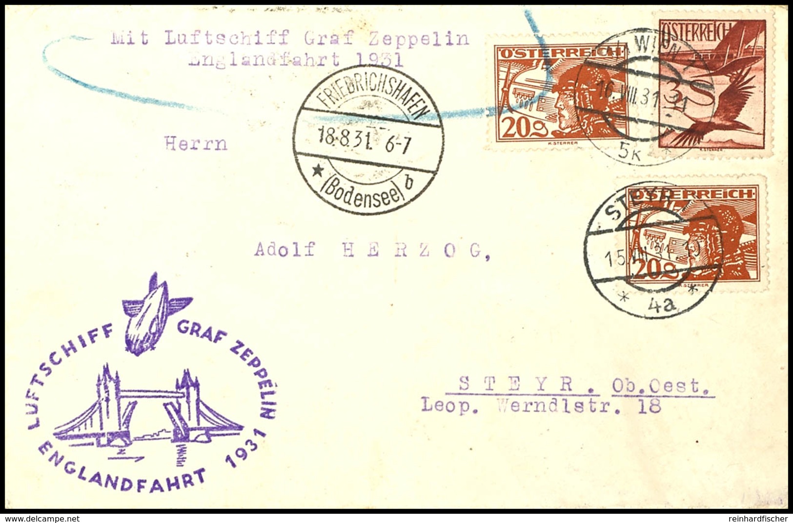 7313 Österreich: 1931, Englandfahrt, Auflieferung Friedrichshafen, Brief Aus WIEN 16.VIII. Mit U.a. 3 S. Flugpost, Adres - Sonstige & Ohne Zuordnung