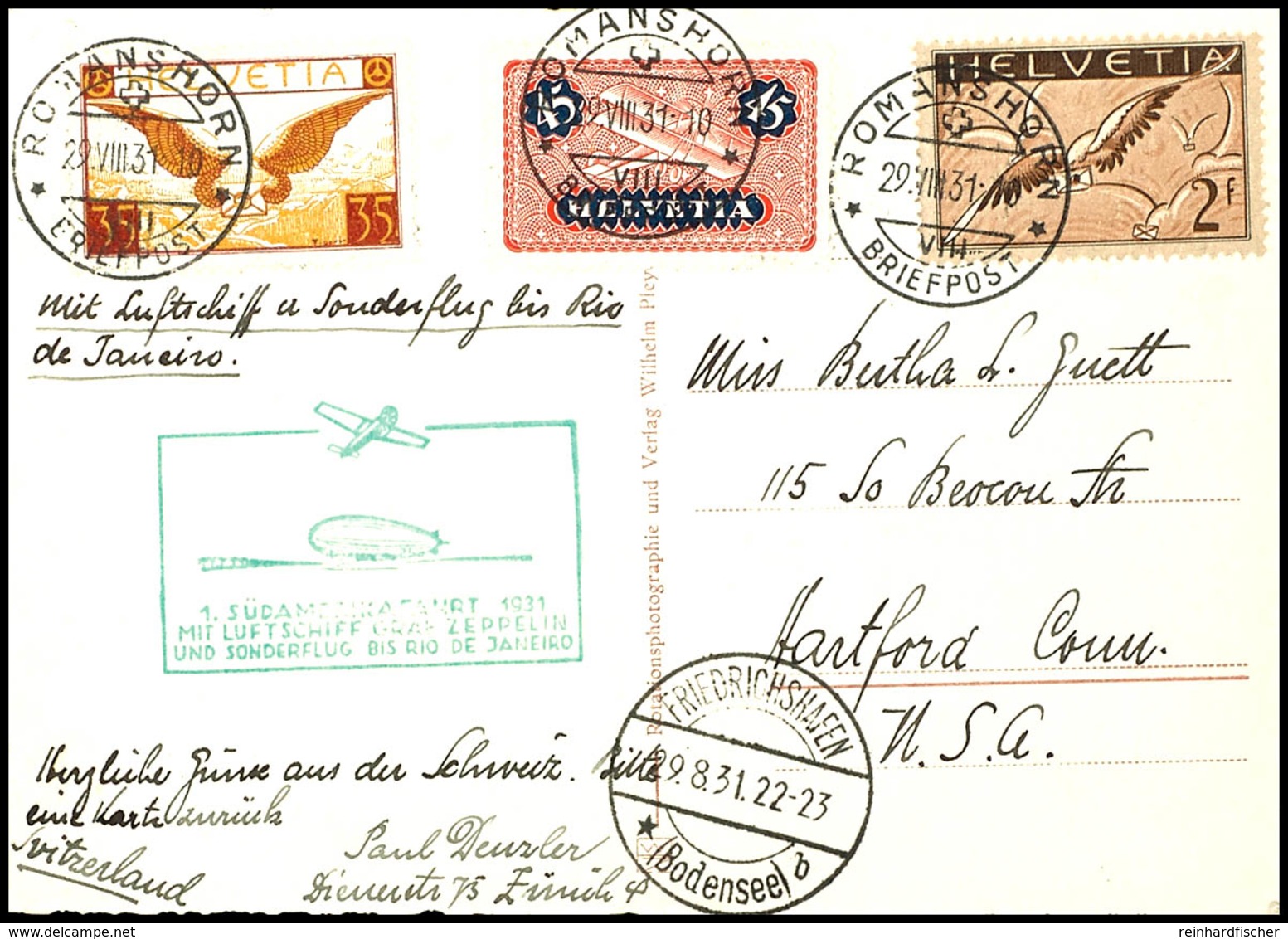 7314 Schweiz: 1931, 1. Südamerikafahrt, Auflieferung Friedrichshafen Bis Rio De Janeiro, Karte Mit Flugpostfrankatur Aus - Sonstige & Ohne Zuordnung
