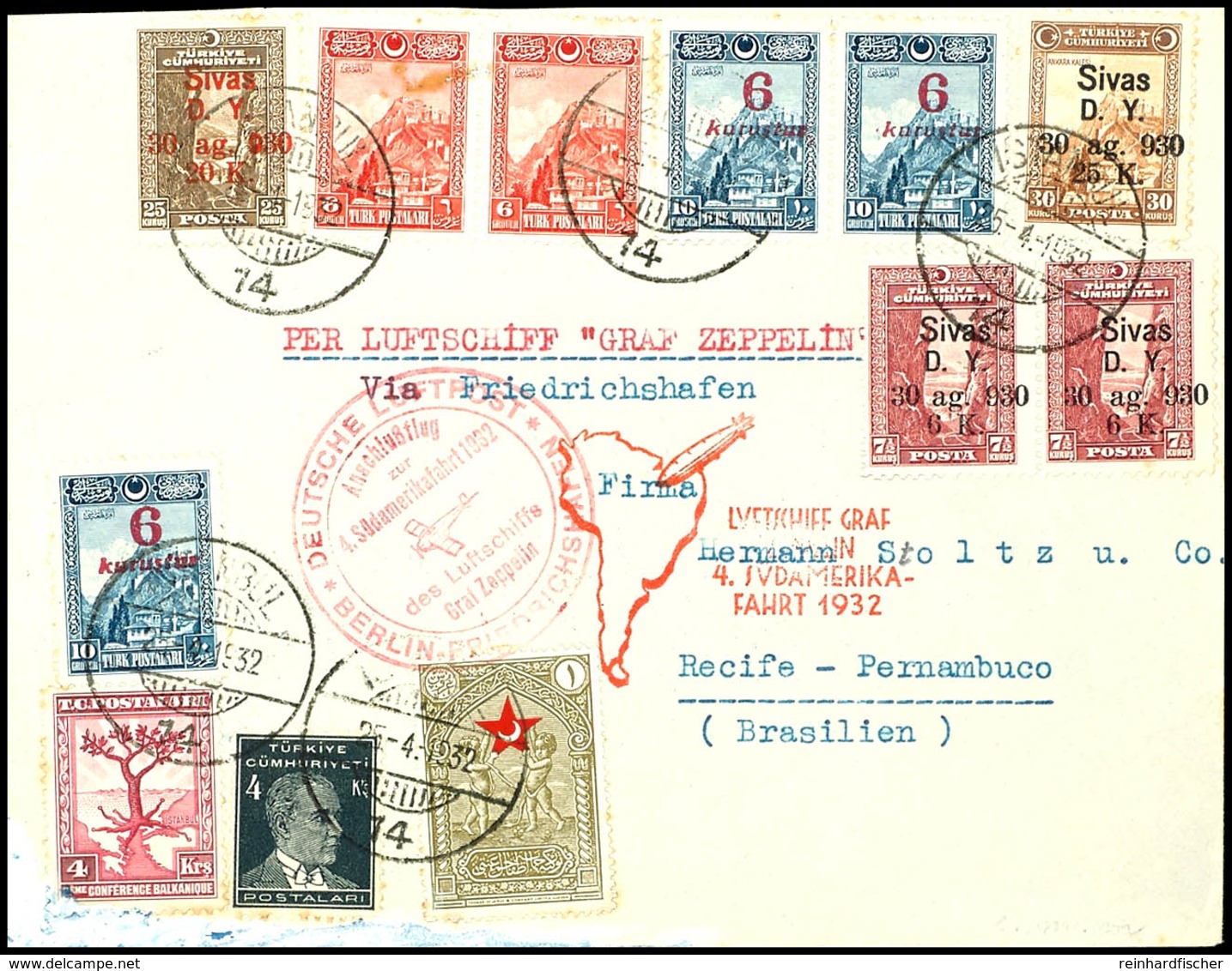 7328 Türkei: 1932, 4. Südamerikafahrt, Anschlussflug Berlin Bis Recife, Brief Aus ISTAMBUL 25.V. Mit Bunter Frankatur Al - Sonstige & Ohne Zuordnung