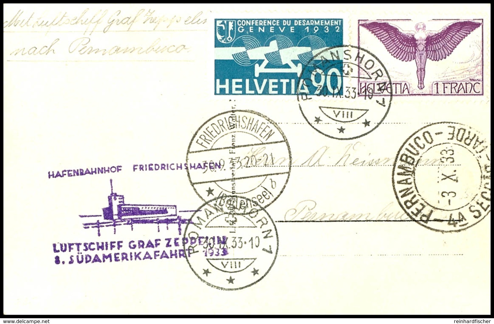 7353 Schweiz: 1933, 8. Südamerikafahrt, Auflieferung Friedrichshafen, Fotokarte Aus ROMANSHORN 30.IX. Mit Guter Flugpost - Autres & Non Classés