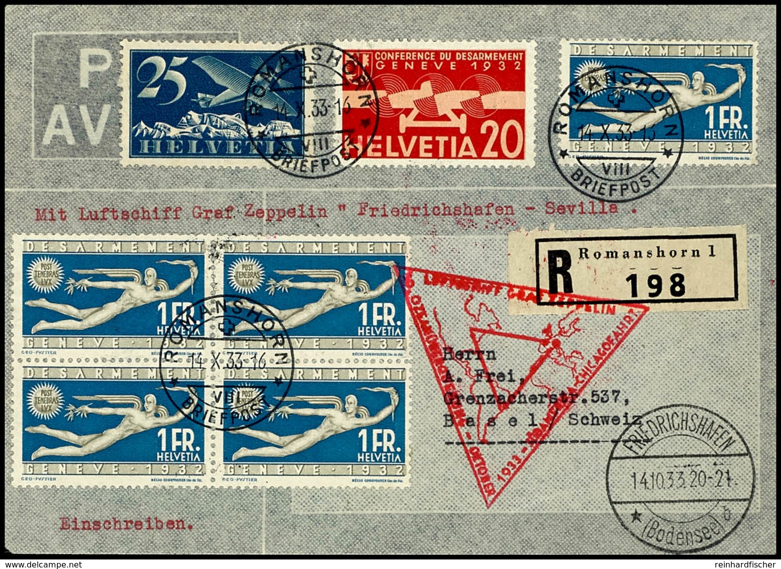 7357 Schweiz: 1933, Chicagofahrt, Auflieferung Friedrichshafen Bis Sevilla, R-Brief Aus ROMANSHORN 14.X. Mit Guter Frank - Sonstige & Ohne Zuordnung
