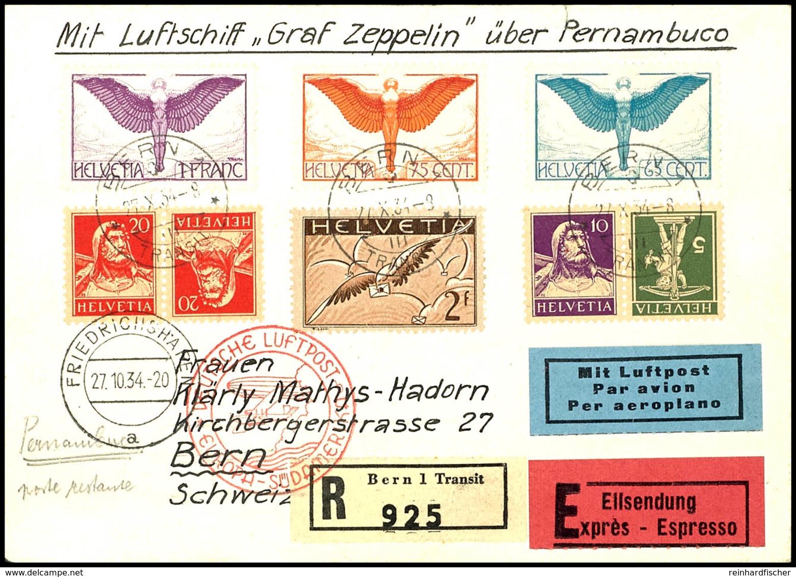 7368 Schweiz: 1934, 11. Südamerikafahrt, Auflieferung Friedrichshafen Bis Recife, R-Eilboten-Brief Mit Bunter Frankatur  - Sonstige & Ohne Zuordnung