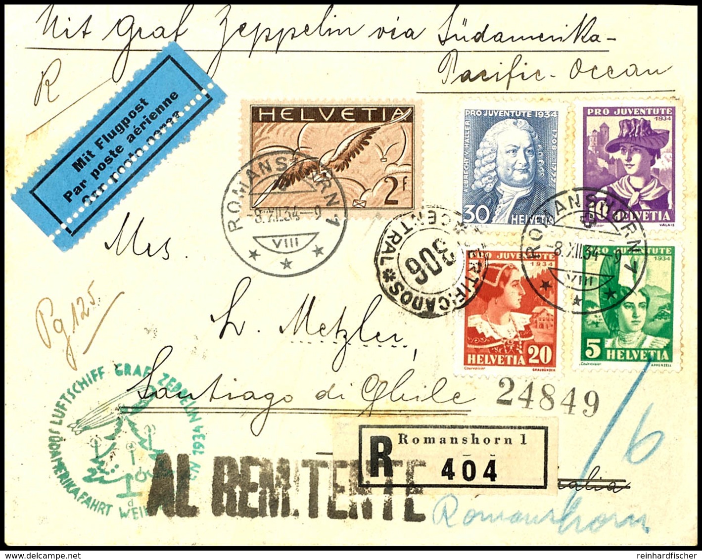 7369 Schweiz: 1934, 12. Südamerikafahrt (Weihnachtsfahrt) Mit Best.-Stempel "d", R-Brief Aus ROMANSHORN 8.XII. Mit Bunte - Autres & Non Classés