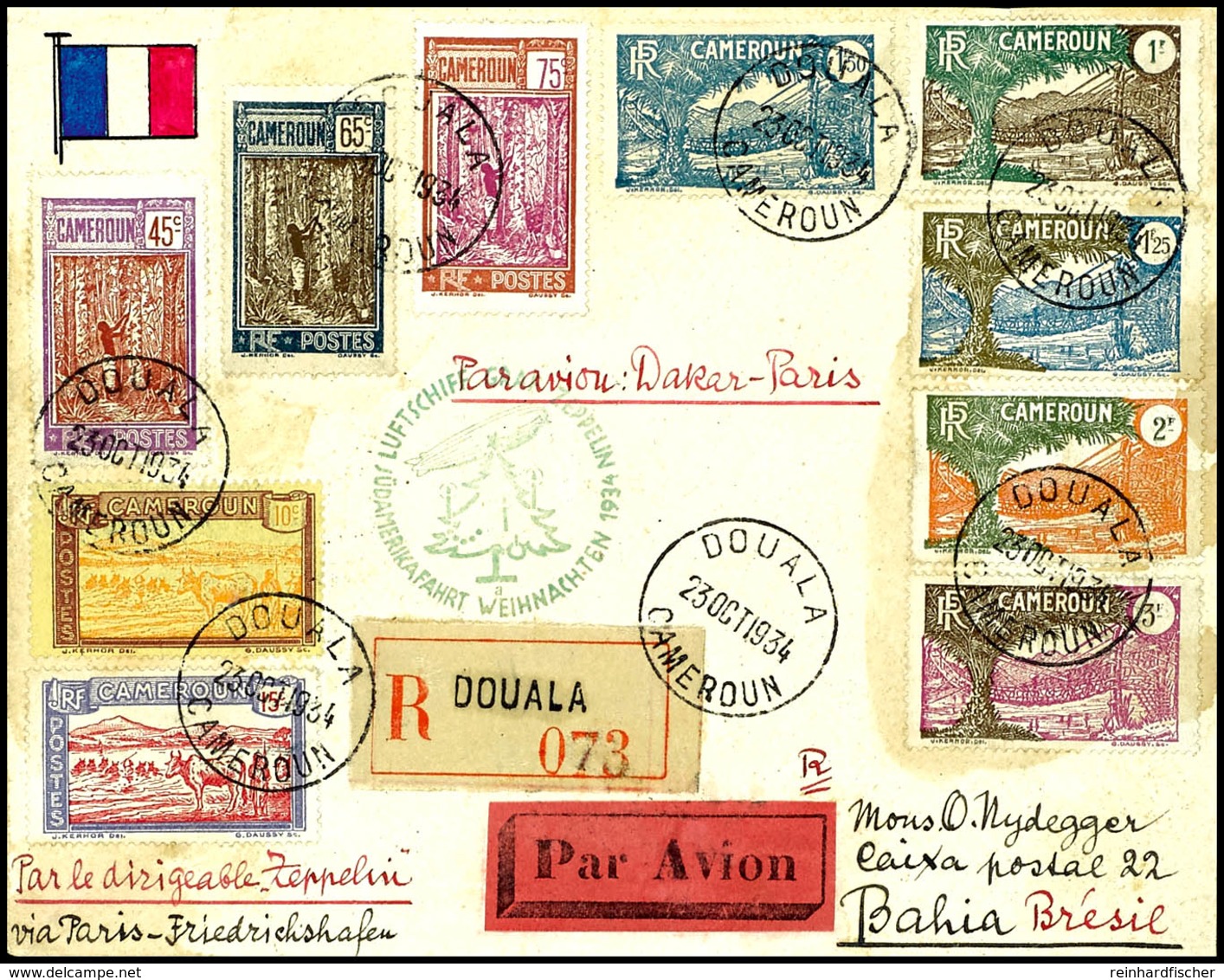 7370 Kamerun: 1934, 12. Südamerikafahrt (Weihnachtsfahrt) Mit Auflieferung Friedrichshafen, R-Brief Aus DOUALA 23.OC. Mi - Sonstige & Ohne Zuordnung