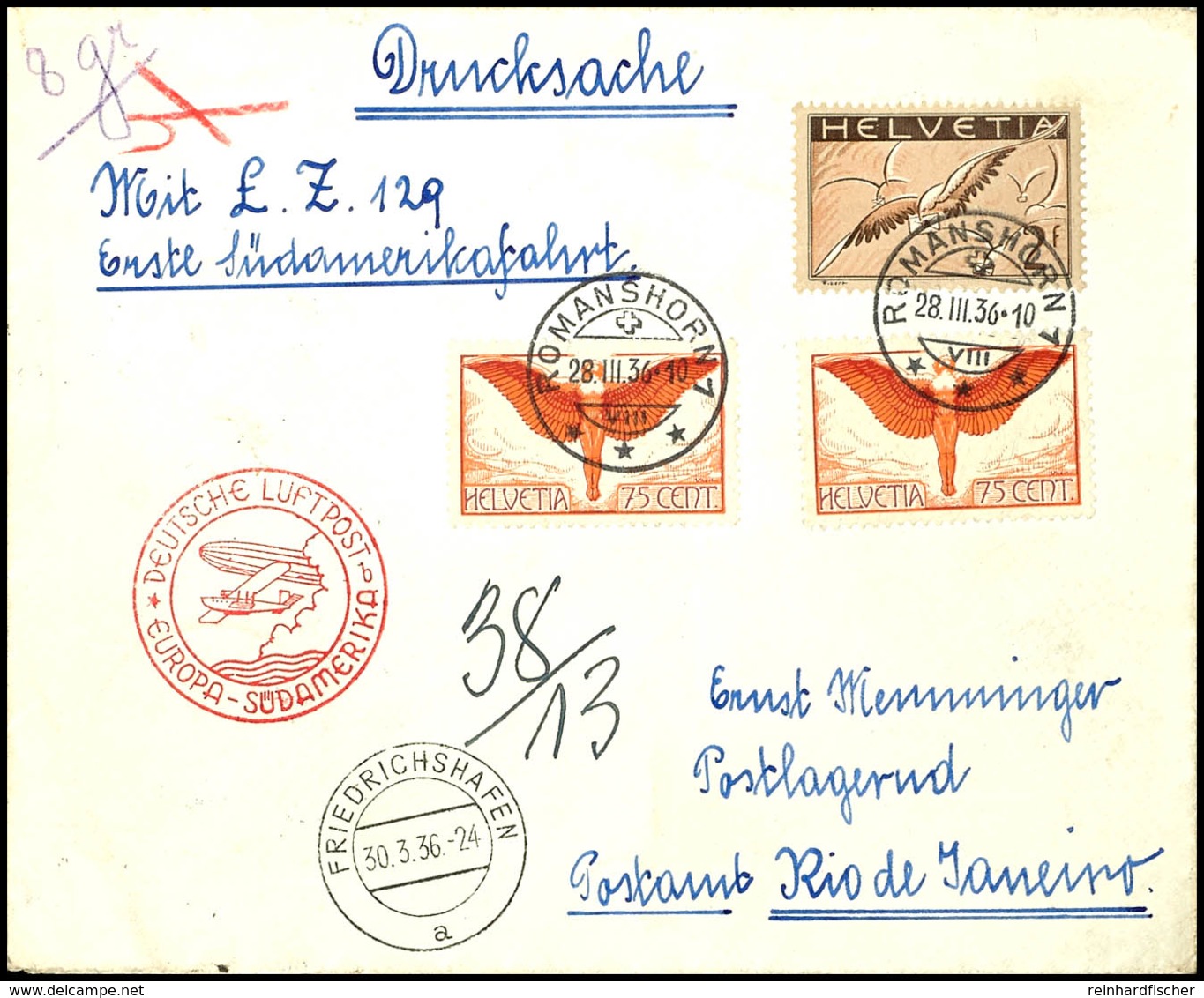 7378 Schweiz: 1936, 1. Südamerikafahrt, Drucksachen-Umschlag Aus ROMANSHORN 29.III. Mit Flugpostfrankatur Via Friedrichs - Sonstige & Ohne Zuordnung