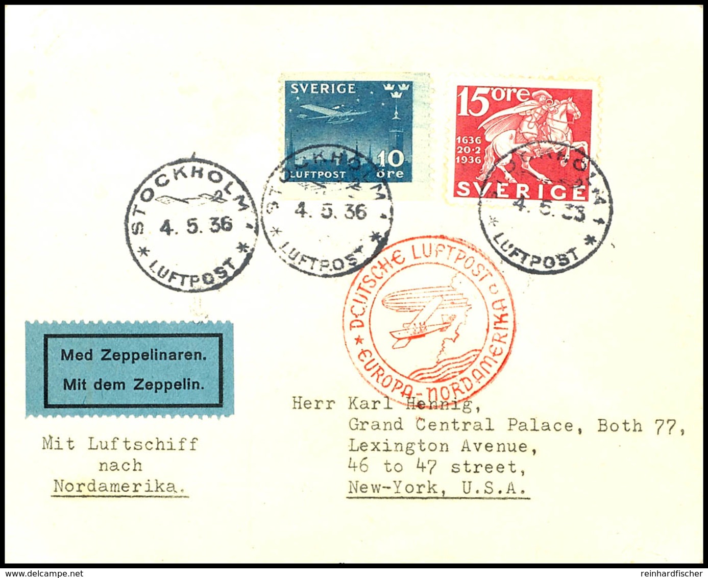 7382 Schweden: 1936, 1. Nordamerikaflug, Auflieferung Frankfurt Mit Best.-Stempel "c", Brief Aus STOCKHOLM 4.5. Nach New - Sonstige & Ohne Zuordnung