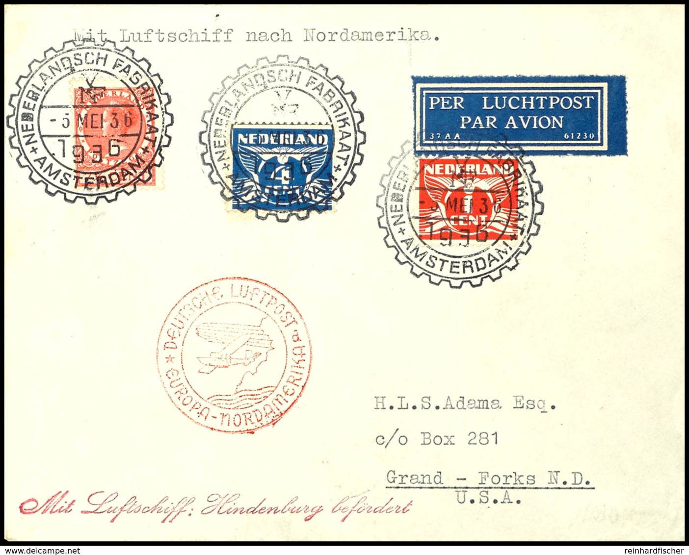 7384 Niederlande: 1936, 1. Nordamerikafahrt, Auflieferung Frankfurt Mit Best.-Stempel "d", Brief Mit SST AMSTERDAM NDELA - Sonstige & Ohne Zuordnung
