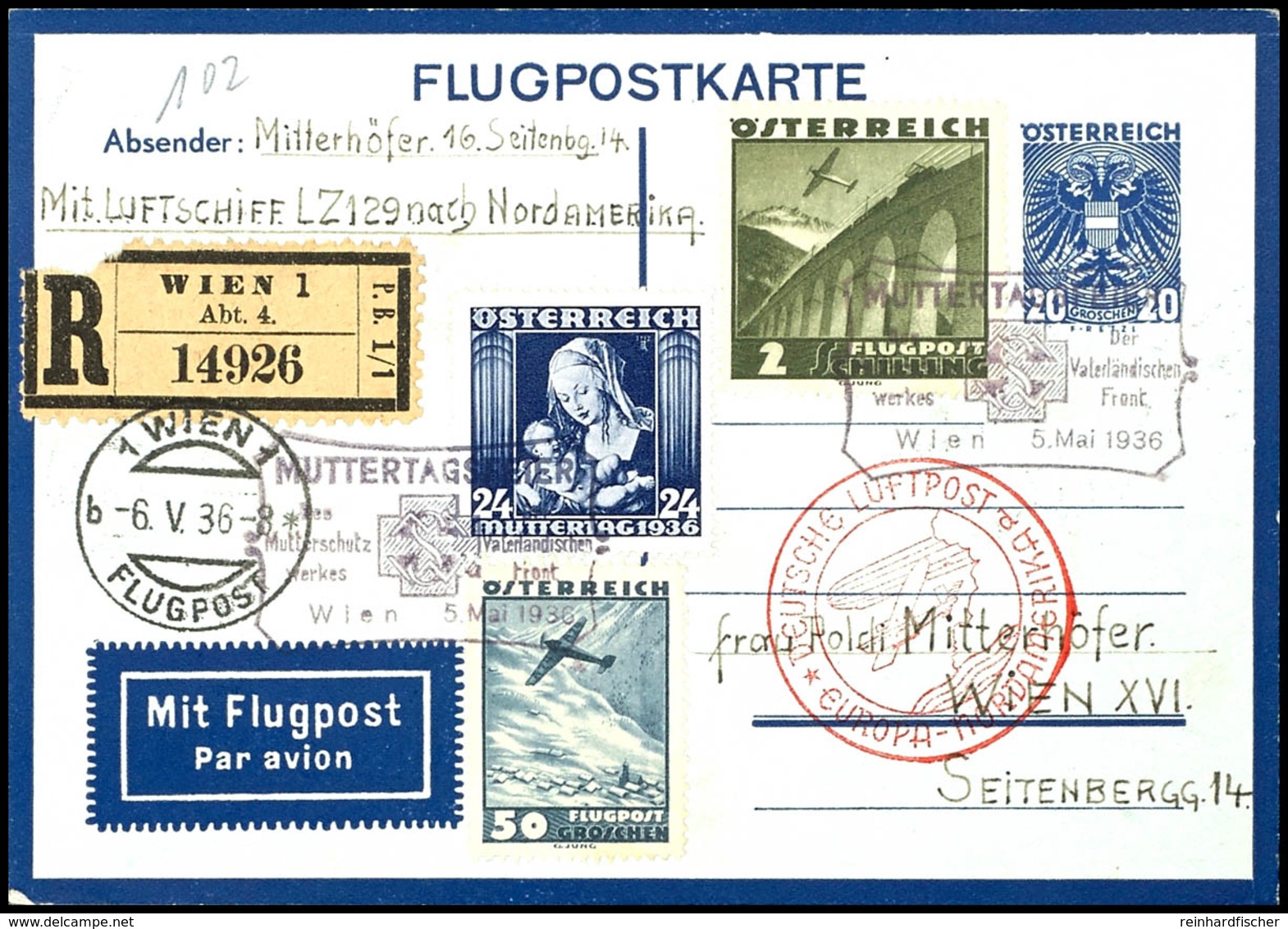 7385 Österreich: 1936, 1. Nordamerikafahrt, Auflieferung Frankfurt Mit Best.-Stempel "d", 20 G. Flugpost-Ganzsachenkarte - Sonstige & Ohne Zuordnung