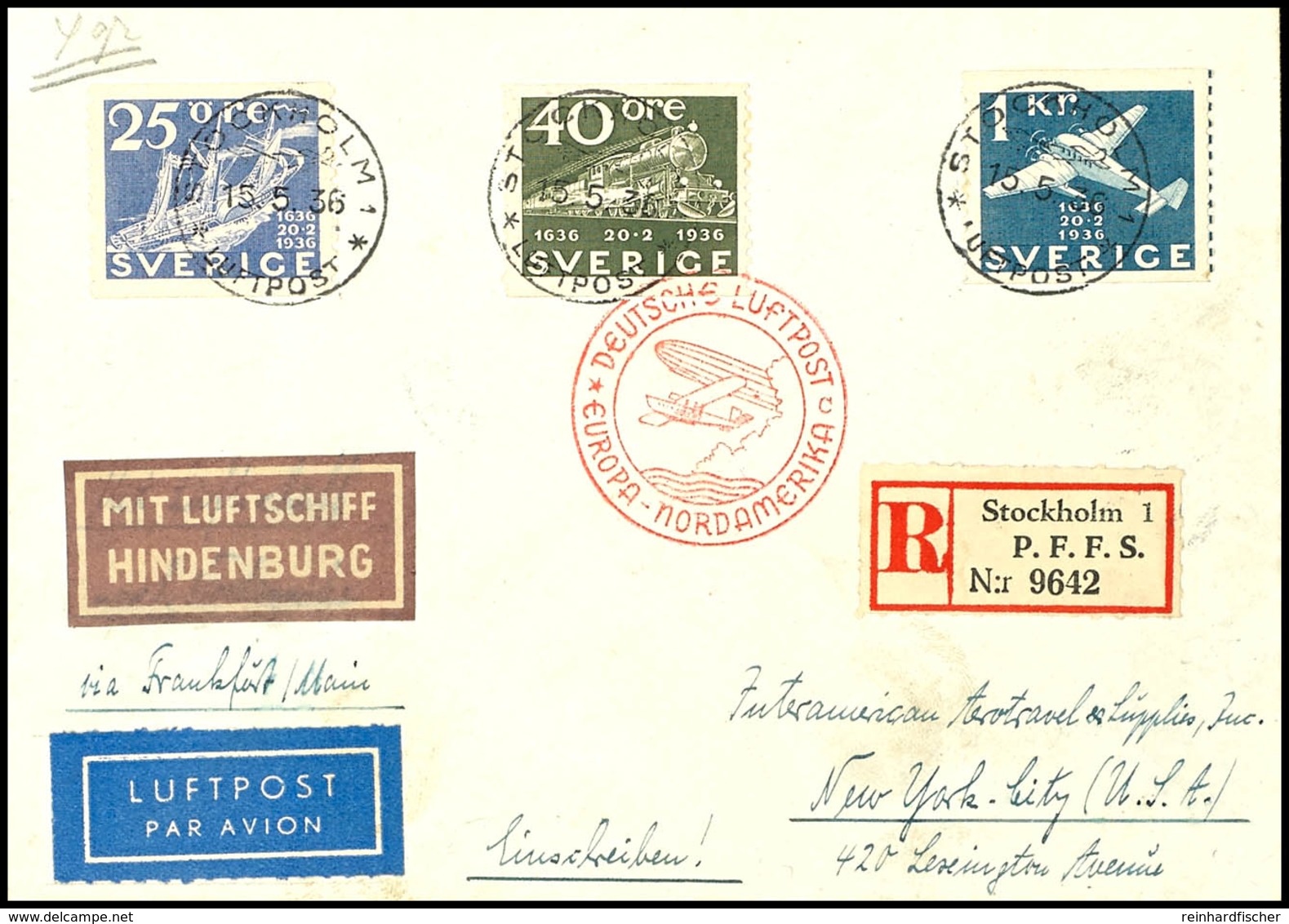 7386 Schweden: 1936, 2. Nordamerikaflug, Auflieferung Frankfurt Mit Best.-Stempel "c", R-Brief Aus STOCKHOLM 15.5. Nach  - Sonstige & Ohne Zuordnung