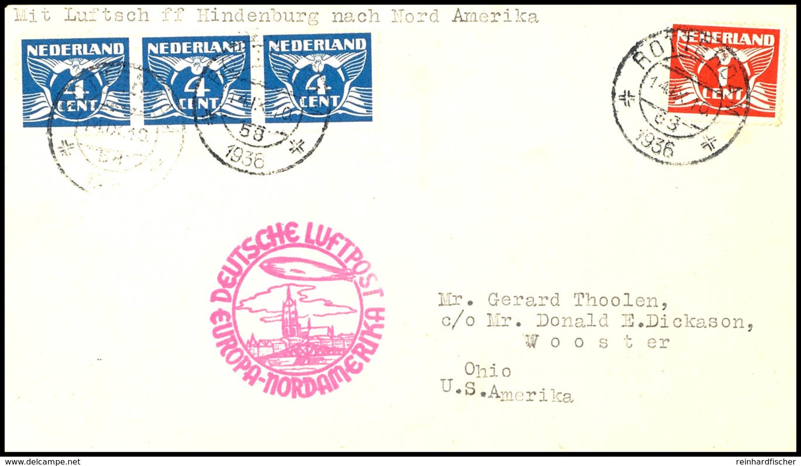 7389 Niederlande: 1936, 8. Nordamerikafahrt, Brief Aus ROTTERDAM 14.IX. Nach Ohio, Pracht, Katalog: Si.437B BF - Sonstige & Ohne Zuordnung