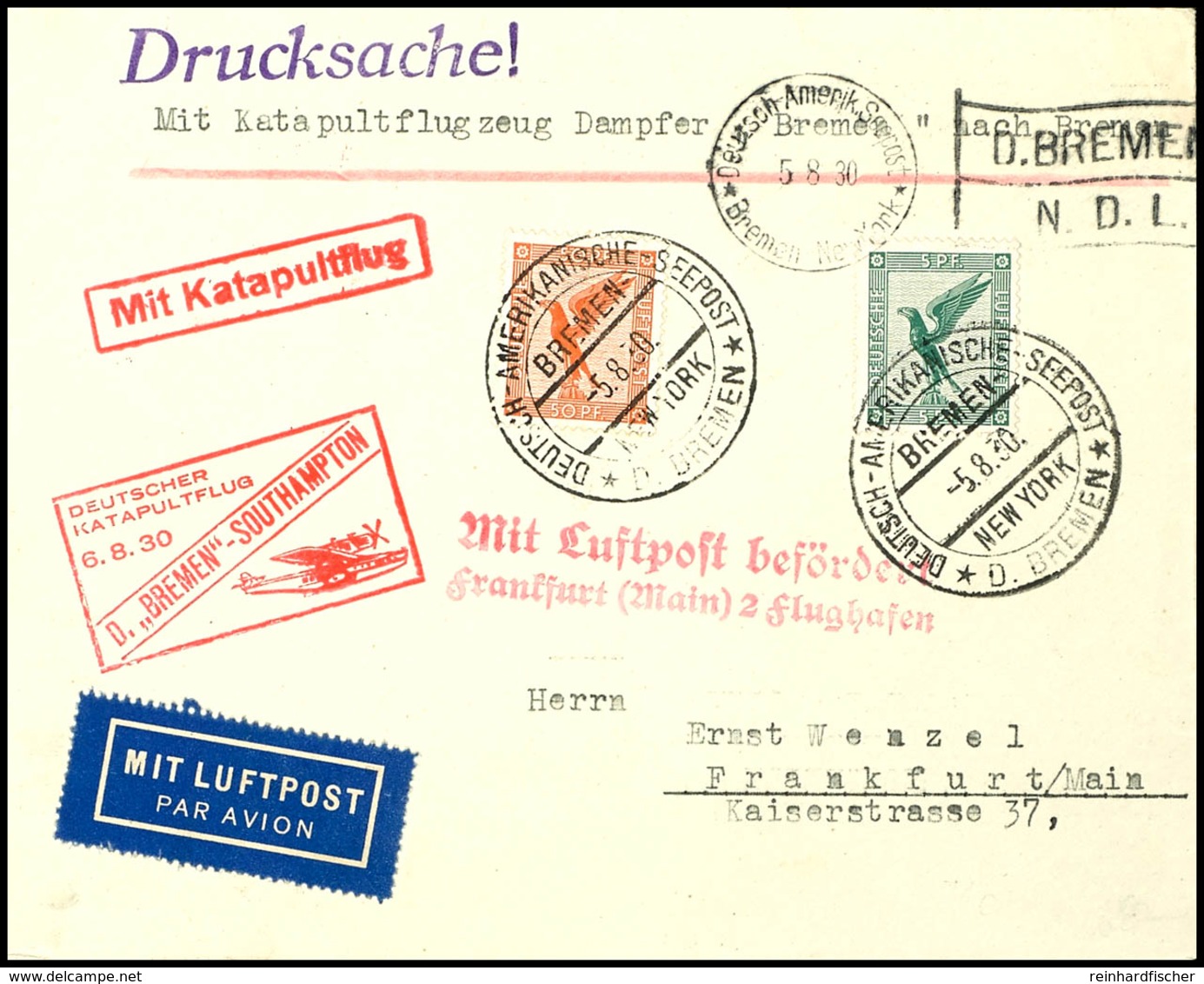 7396 1930, D. Bremen 6.8., Umschlag Mit Dt. Seepostaufgabe Vom 5.8. Mit Flugpostfrankatur, Adressiert Nach Frankfurt Mit - Sonstige & Ohne Zuordnung