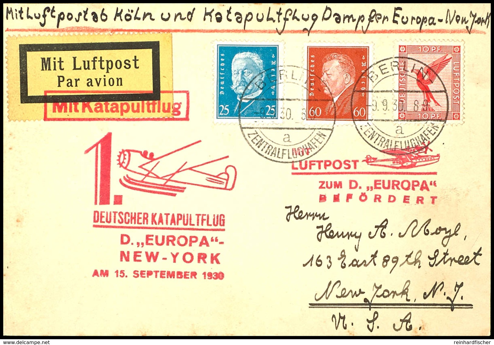 7398 1930, D. Europa 15.9., Karte Aus BERLIN-ZENTRALFLUGHAFEN 9.9. Mit Nachbringeflug Köln Cherbourg Und Sonder-Cachet I - Other & Unclassified