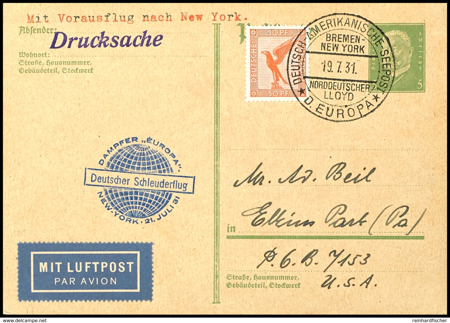 7403 1931, D. Europa 21.7, Ganzsache Mit Zufrankatur Und Dt. Seepostaufgabe Vom 19.7. Und Sonder-Cachet In Die USA, Prac - Other & Unclassified