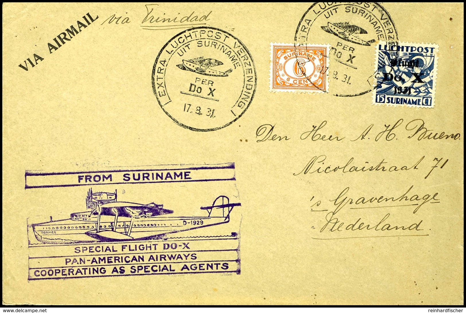 7414 1931, Amerikaflug Mit Aufgabe Surinam, Brief Mit Flugpost-Stempel Vom 17.8. Und U.a. 15 C. DOX-Aufdruckausgabe Sowi - Andere & Zonder Classificatie