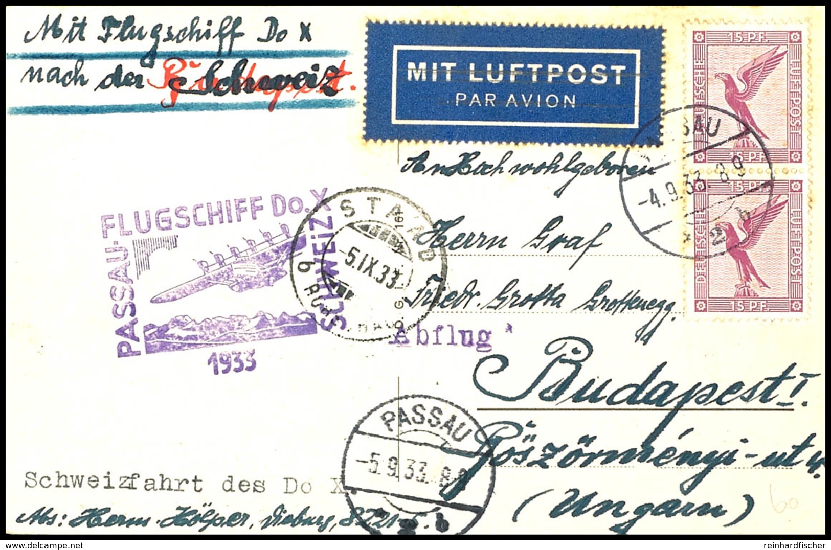 7418 1933, Schweizflug, Karte Mit Senkrechtem Paar 15 Pfg. Adler Aus PASSAU 4.9. Ohne Verzögerungsstempel Via Staad Nach - Other & Unclassified