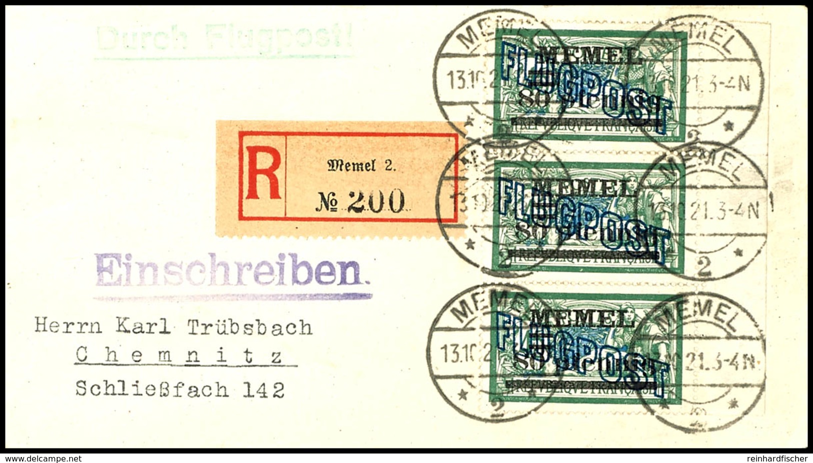 7420 80 Pfg. Auf 45 C. Flugpost Im Senkrechten 3er-Streifen Mit Rechtem Bogenrand Auf R-Lp-Brief Aus MEMEL 13.10.21 Mit  - Memelland 1923