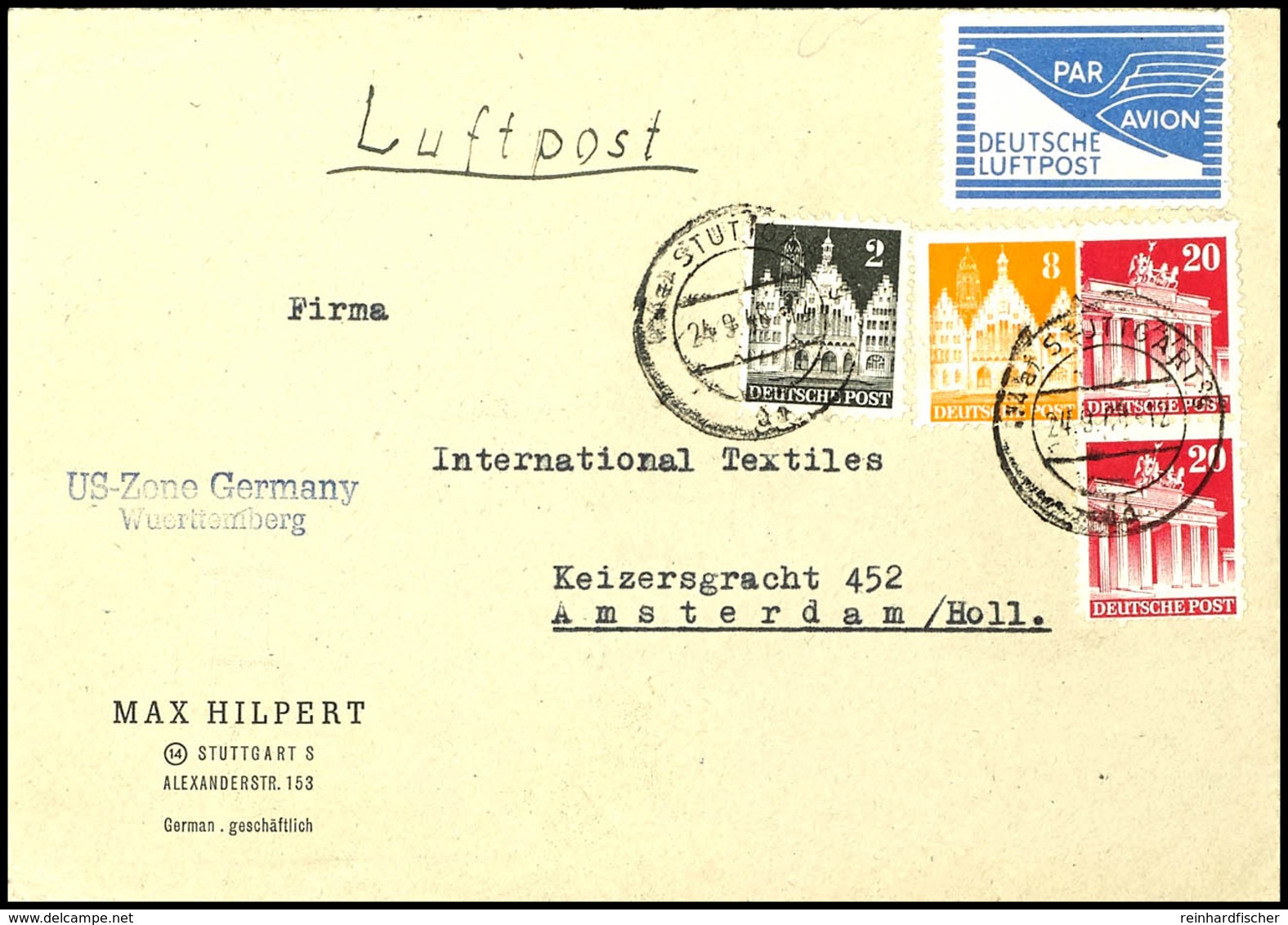 7425 1948, Luftpostbrief Aus STUTTGART 24.9.48 Mit 20 Pfg. (2), 8 Pfg. Und 2 Pfg. Bauten Mit Ungestempelter JEIA-Marke V - Other & Unclassified