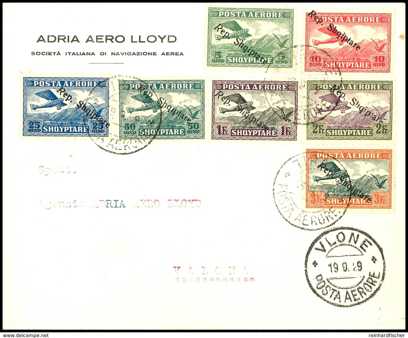 7429 5 Q. - 3 Fr. Flugpost-Aufdruckausgabe Kpl. Auf Luftpostbrief Aus TIRANA 19.9.29 Nach Vlora Mit Vorderseitigem Ankun - Albania