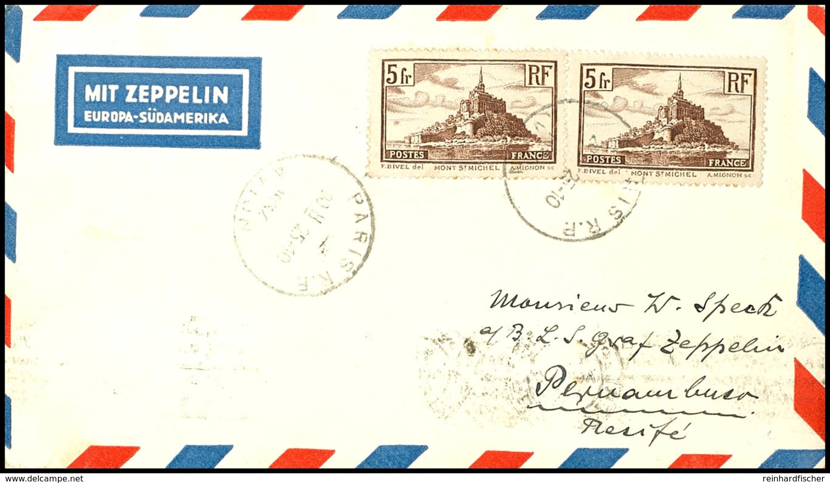 7435 5 Fr. Freimarke, Zwei Einzelwerte Auf Luftpostbrief Aus PARIS AVION 25.10. An Willi Speck An Bord Der Graf Zeppelin - Sonstige & Ohne Zuordnung