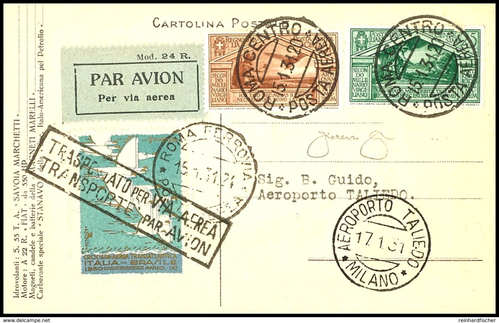 7448 1931, Farbige Werbekarte Zum Geschwaderflug Nach Brasilien Als Luftpostkarte Aus ROM 15.1. Mit Farbiger Vignette Na - Sonstige & Ohne Zuordnung