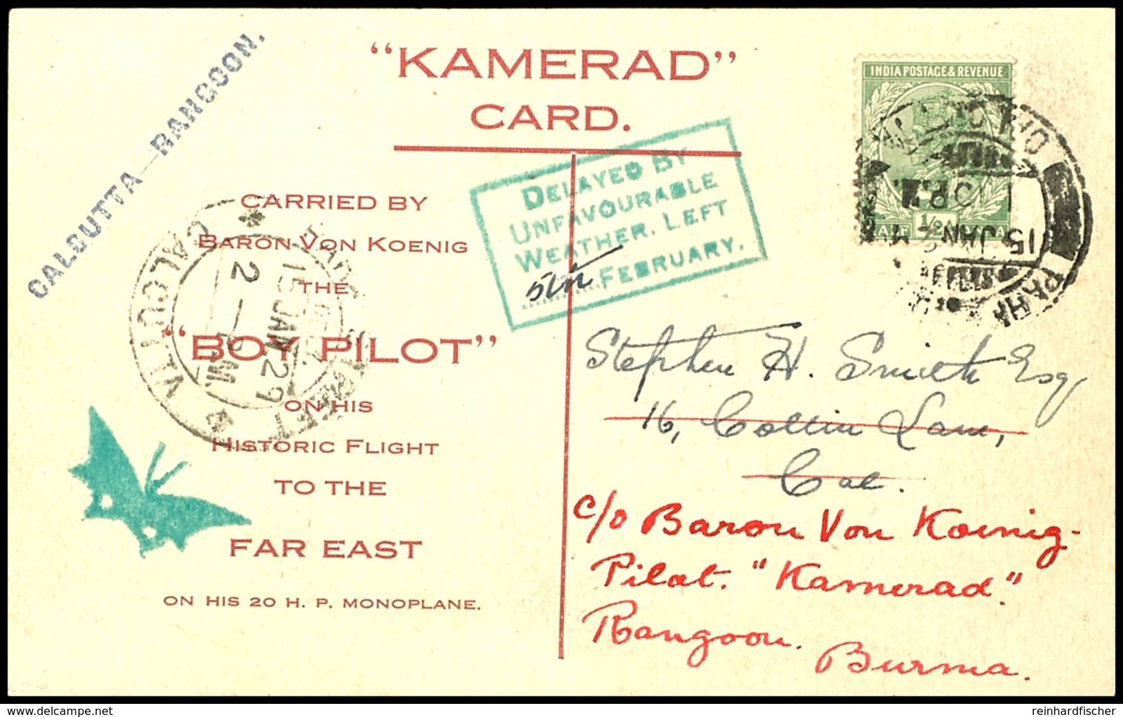 7494 1928/29, Fernost-Sonderflug, Etappe Calcutta-Rangoon, Vordruckkarte "Baron Von Koenig...Boy Pilot" Mit Allen Stempe - Sonstige & Ohne Zuordnung