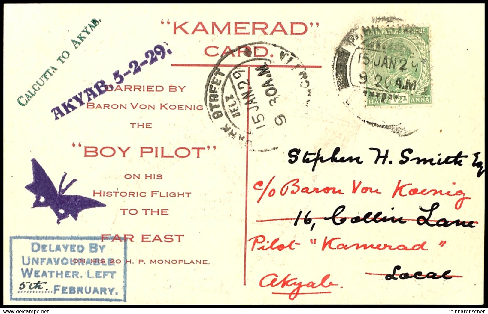 7495 1929, Fernost-Sonderflug, Etappe Calcutta-Akyab, Vordruckkarte "Baron Von Koenig...Boy Pilot" Mit Allen Stempeln Un - Sonstige & Ohne Zuordnung