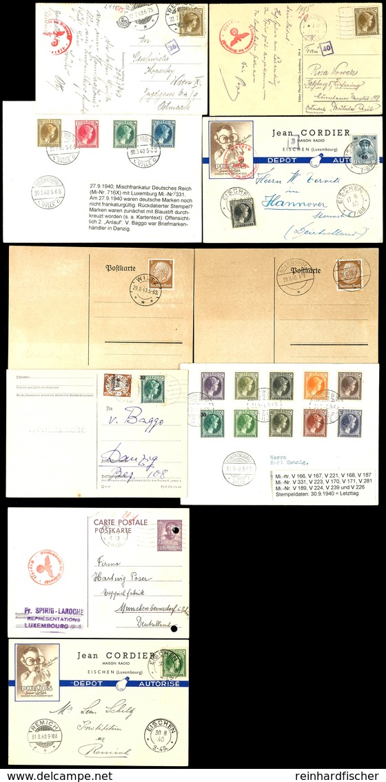 8256 1940, 7 Meist Philatelistische Belege Mit Luxemburg - Marken, 1 Ganzsache (gelocht) Und Zwei Blanko - Karten Mit Hi - Luxembourg