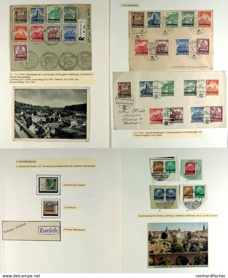 8266 1941, Sonderstempel, 5 Verschiedene Auf 3 Philatelistischen Briefen Und 4 Briefstücken, Dazu Ansichtskarten Und Fot - Luxembourg