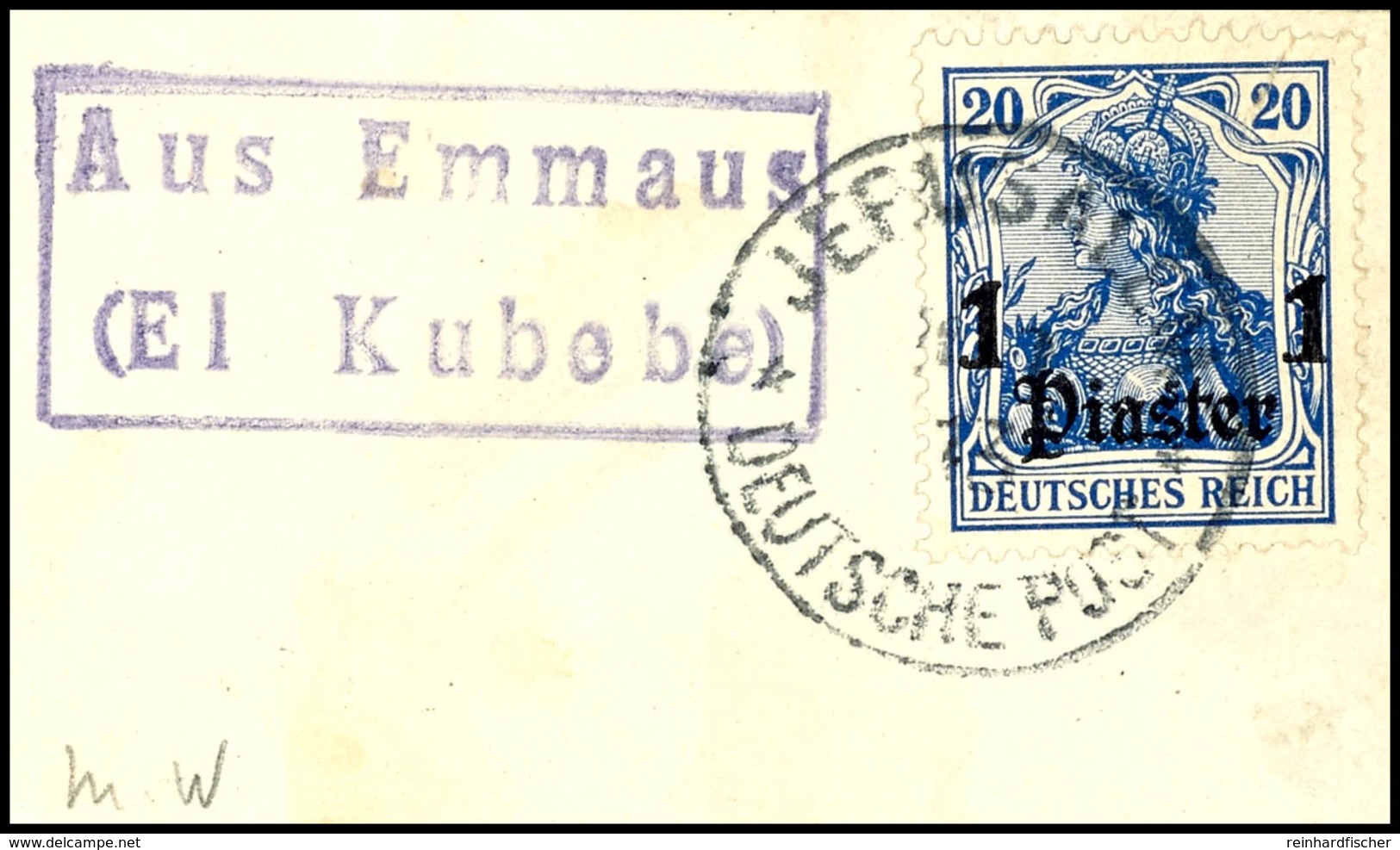 8833 AUS EMMAUS (El Kubebe), Sehr Seltener Nebenstempel Vollständig Und Sauber Abgeschlagen Auf Briefstück Germania 1 Pi - Turkey (offices)