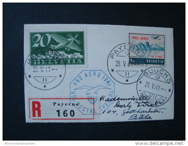 Schweiz, Luftpostbrief Einschreiben, Minibrief(10,4 Cm X 6,5 Cm), Pro Aero 1941, Mi-Nr. 213, 395, Payerne-Bäle - Erst- U. Sonderflugbriefe