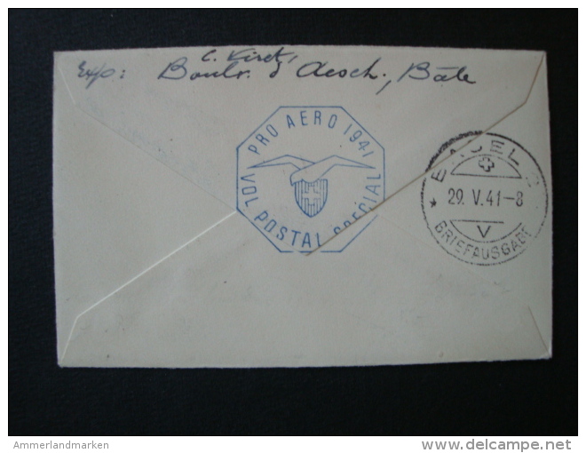 Schweiz, Luftpostbrief Einschreiben, Minibrief(10,4 Cm X 6,5 Cm), Pro Aero 1941, Mi-Nr. 213, 395, Payerne-Bäle - Erst- U. Sonderflugbriefe