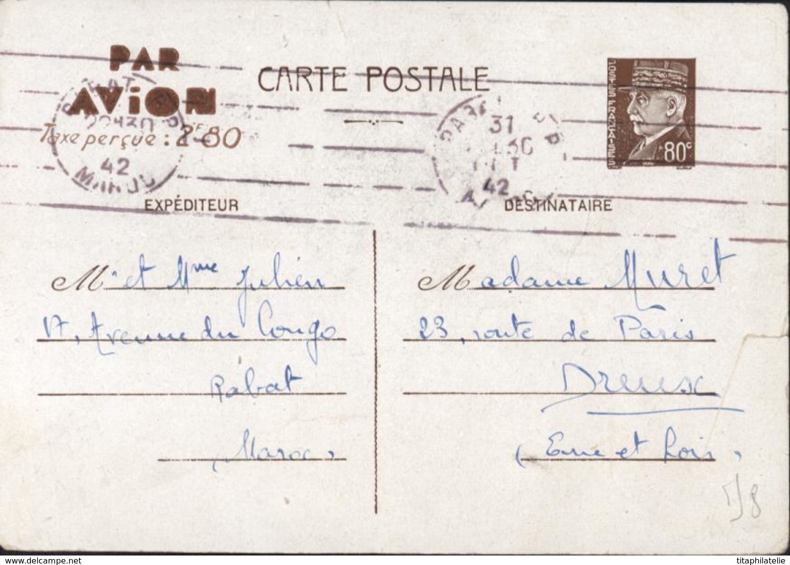 Entier Petain 80c Surcharge Par Avion Taxe Perçue 2.80 Flamme 5 Lignes CAD Rabat 31 Oct 42 Storch A2E6 P206 Maroc - Cartes Postales Types Et TSC (avant 1995)