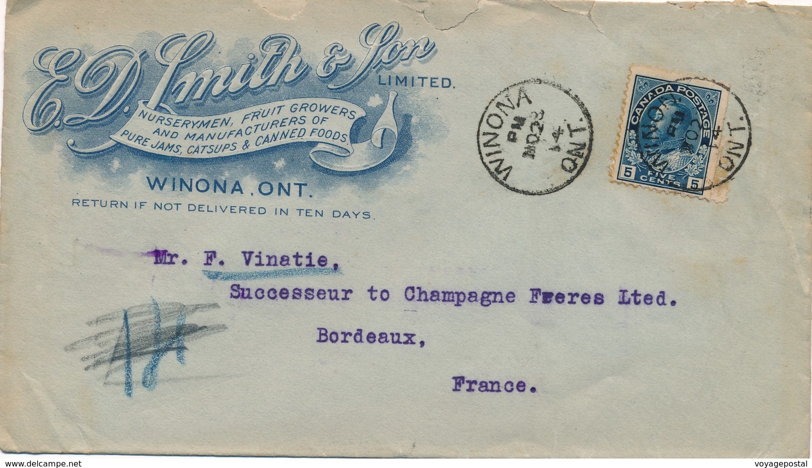Lettre Winona Canada Five Cent Pour Bordeaux Cover - Briefe U. Dokumente