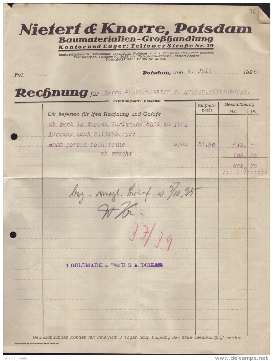 Potsdam - Rechnung Baumaterialien Großhandlung Fa Nieter &amp; Knorre 1925 - 1900 – 1949