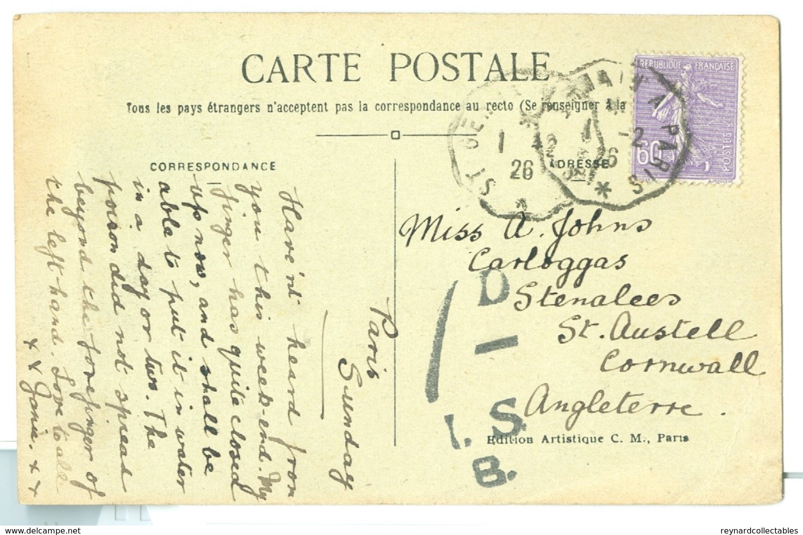 1926, France, 60c Sower, TPO Pmk, 1d GB Tax Mark. On Animated Street Scene Pc. - Oblitérés