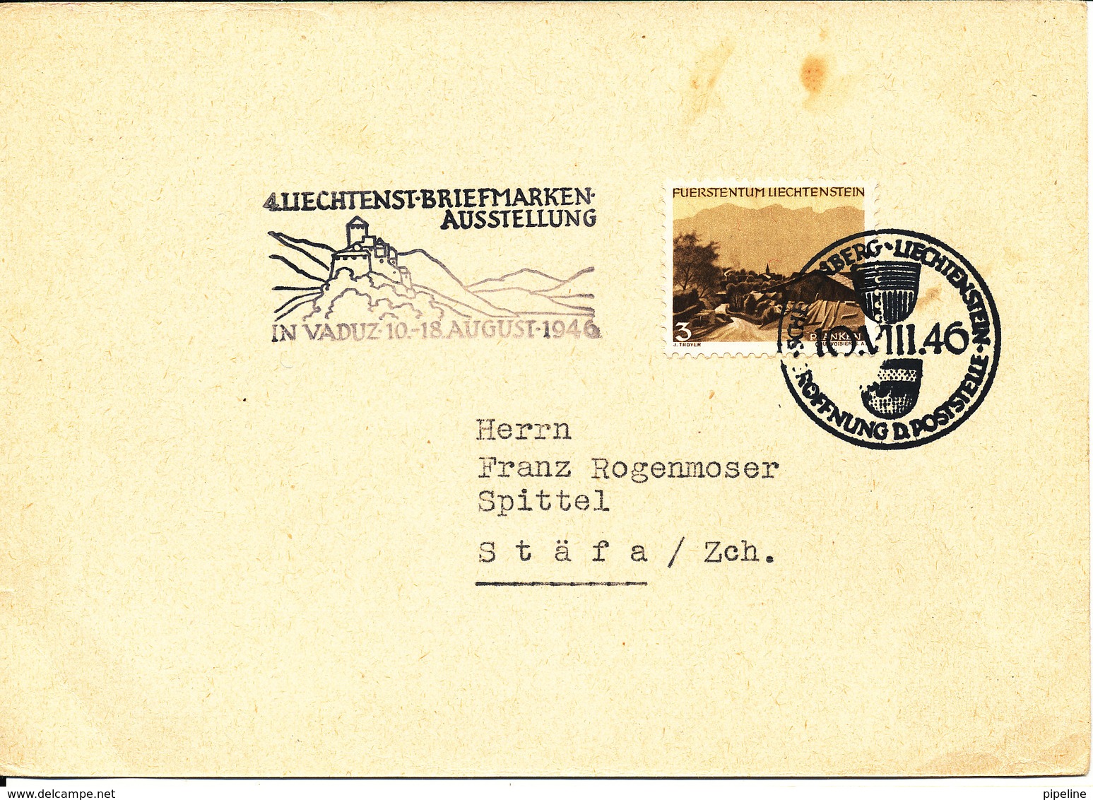 Liechtenstein Postcard Sent To Switzerland Special Postmark 10-8-1946 Stamp Exhibition Vaduz Single Franked - Covers & Documents